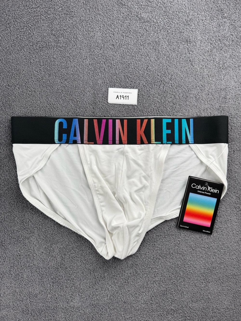 Calvin Klein Men’s White Sport Briefs with Rainbow Logo Waistband - Picture 2 of 3